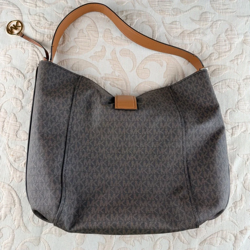 Michael Kors Addie Large Hobo Bag Brown Signature Logo Leather Trim Gold